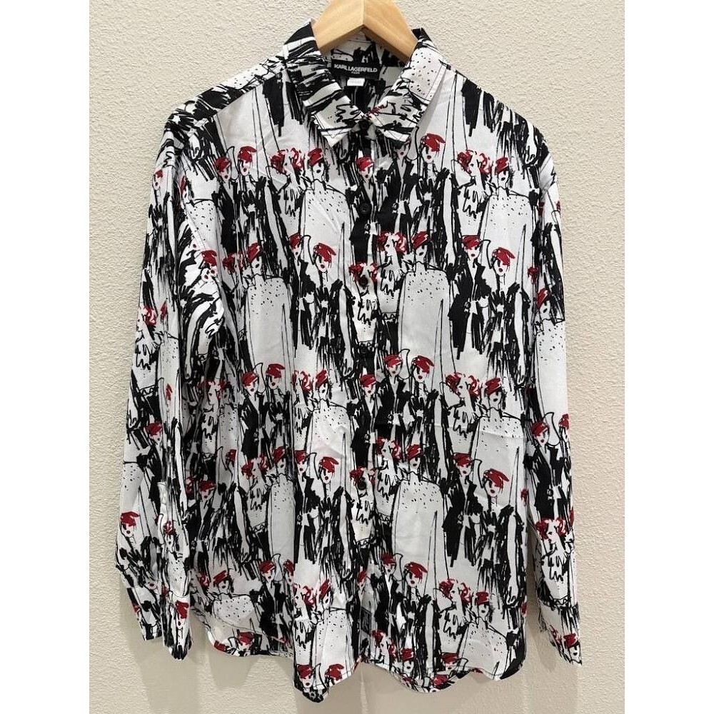 Karl Lagerfeld Paris Fashion Illustration Graphic Blouse Button Up White Black R